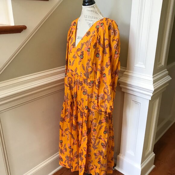 ALC Sayer Midi Dress Womens 14 Yellow Long Sleeve Print Cotton Voile V-Neck - Picture 8 of 13